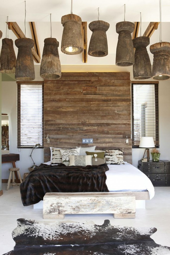 Rustic Bedroom with Drum Lighting