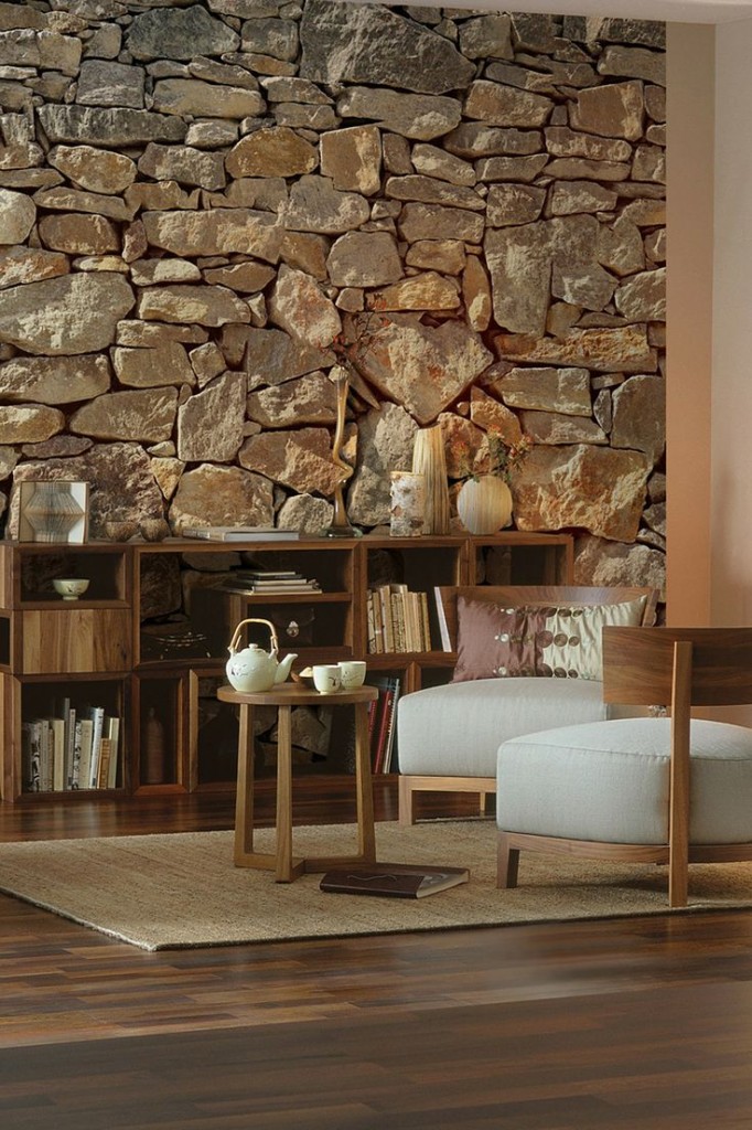 Rustic Stone Wall with Midmod Living Room Decor