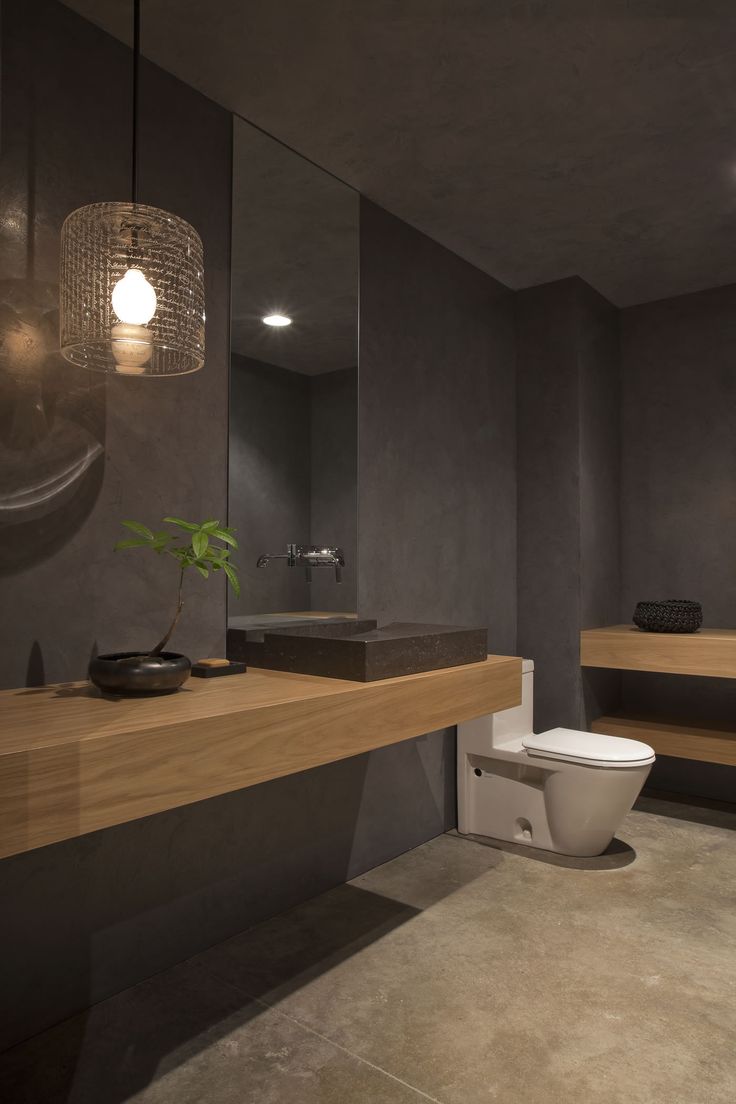 Grey Bathroom Design with Mid-toned Wood