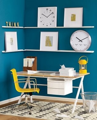 Modern Office Space with Blue Walls and Yellow Accents