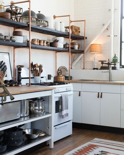 Rustic Kitchen Design with Copper Pipe Shelving