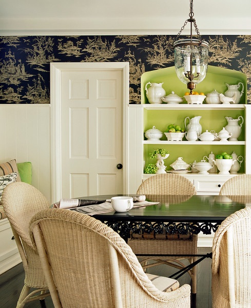 Eclectic Dining Room With Wallpaper